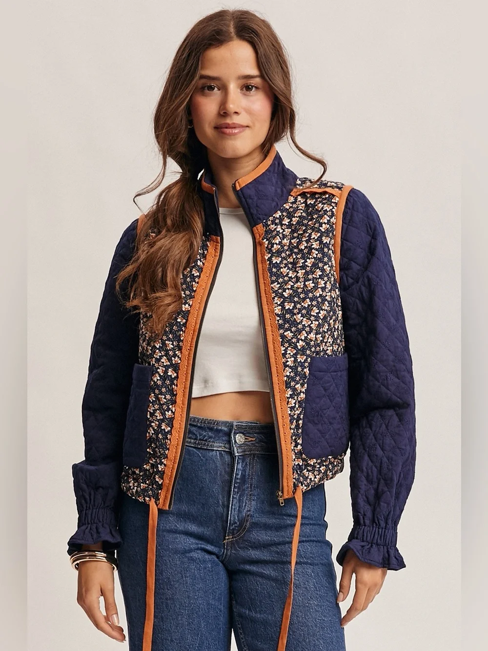 NWT Forte Quilted Floral Zip Jacket in Navy Size Small